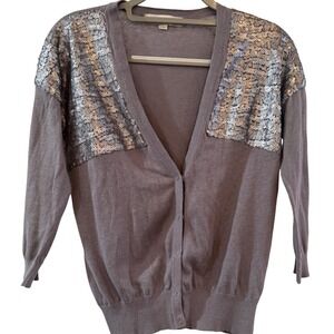Women's Medium Y2K Spring  3/4 Sleeve Linen Cotton Lightweight Sequined Cardigan